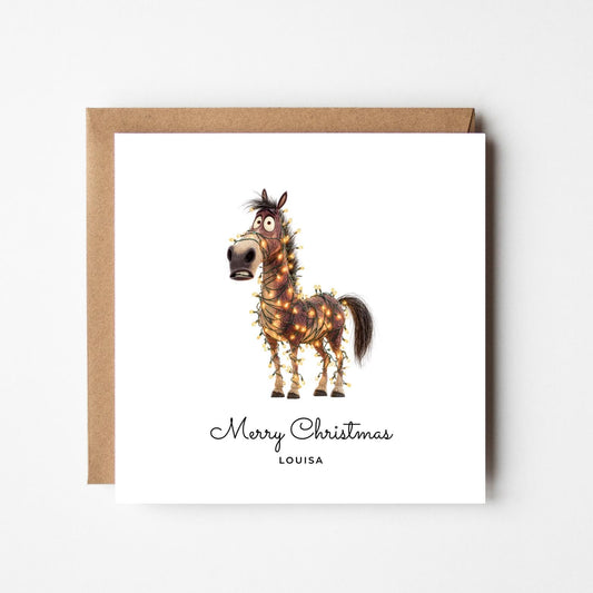 Funny Horse Personalised Christmas Card – Custom Name Holiday Greeting – Cute Animal Wrapped in Lights – Handmade Festive Xmas Card