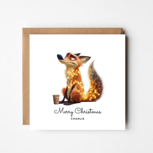 Funny Fox Personalised Christmas Card – Custom Name Holiday Greeting – Cute Animal Wrapped in Lights – Handmade Festive Xmas Card