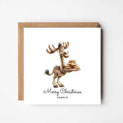 Funny Moose Personalised Christmas Card – Custom Name Holiday Greeting – Cute Animal with Cookies – Handmade Festive Xmas Card