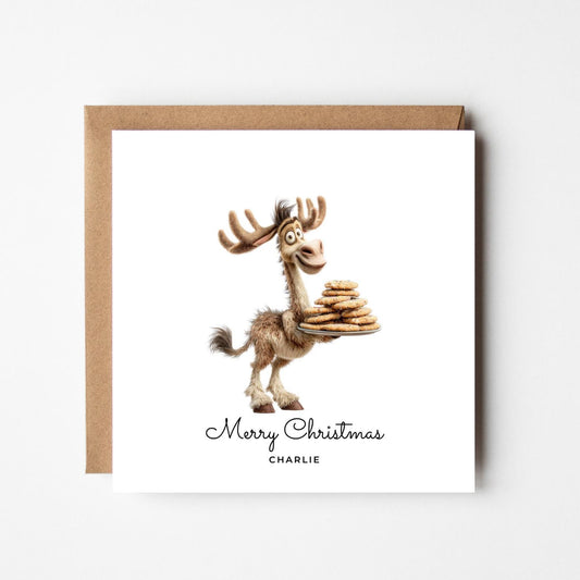 Funny Moose Personalised Christmas Card – Custom Name Holiday Greeting – Cute Animal with Cookies – Handmade Festive Xmas Card