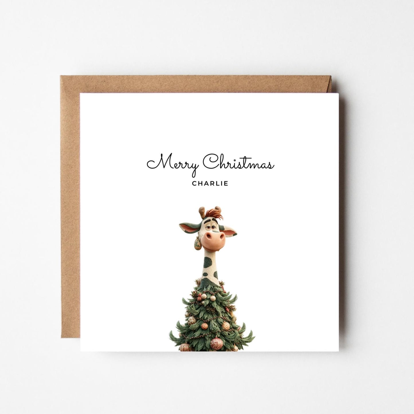 Funny Giraffe Personalised Christmas Card – Custom Name Holiday Greeting – Cute Animal as Christmas Tree – Handmade Festive Xmas Card
