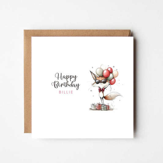 Cool Fox Personalised Birthday Card – Funny Animal Card with Balloons – Custom Name Greeting – Cute Handmade Birthday Card