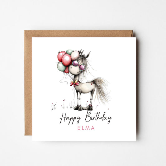 Horse Personalised Birthday Card – Custom Name Greeting – Funny Animal Birthday Card with Balloons – Handmade Birthday Card