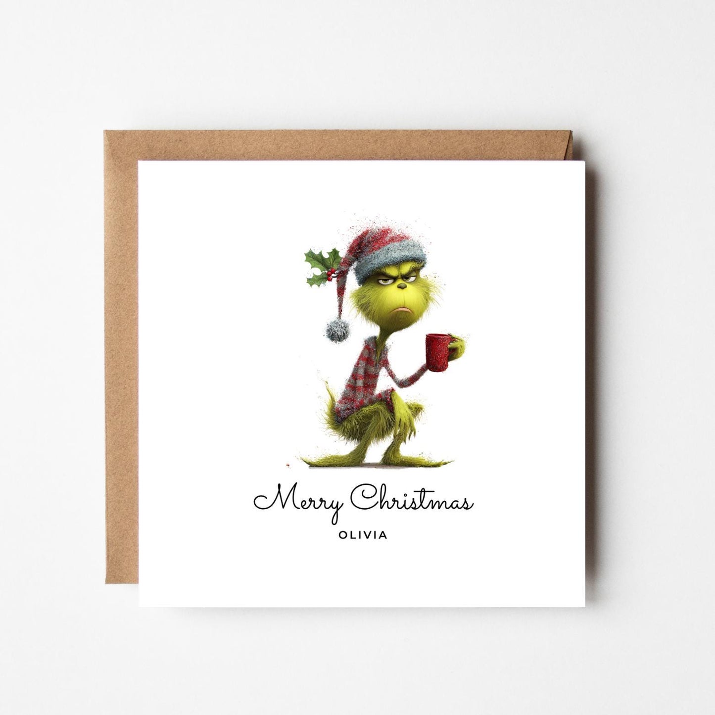 Personalised Grinch Christmas Card – Funny Custom Name Xmas Card – Humorous Holiday Greeting – Cute Grinch Coffee Card