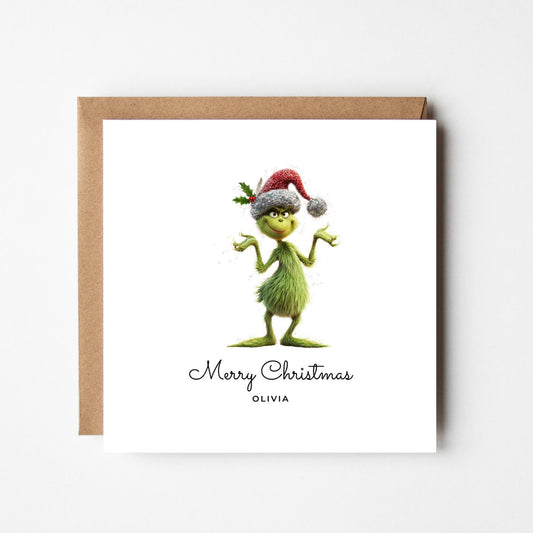 Personalised Grinch Christmas Card – Funny Custom Name Xmas Card – Playful Grinch Holiday Greeting – Unique Festive Card
