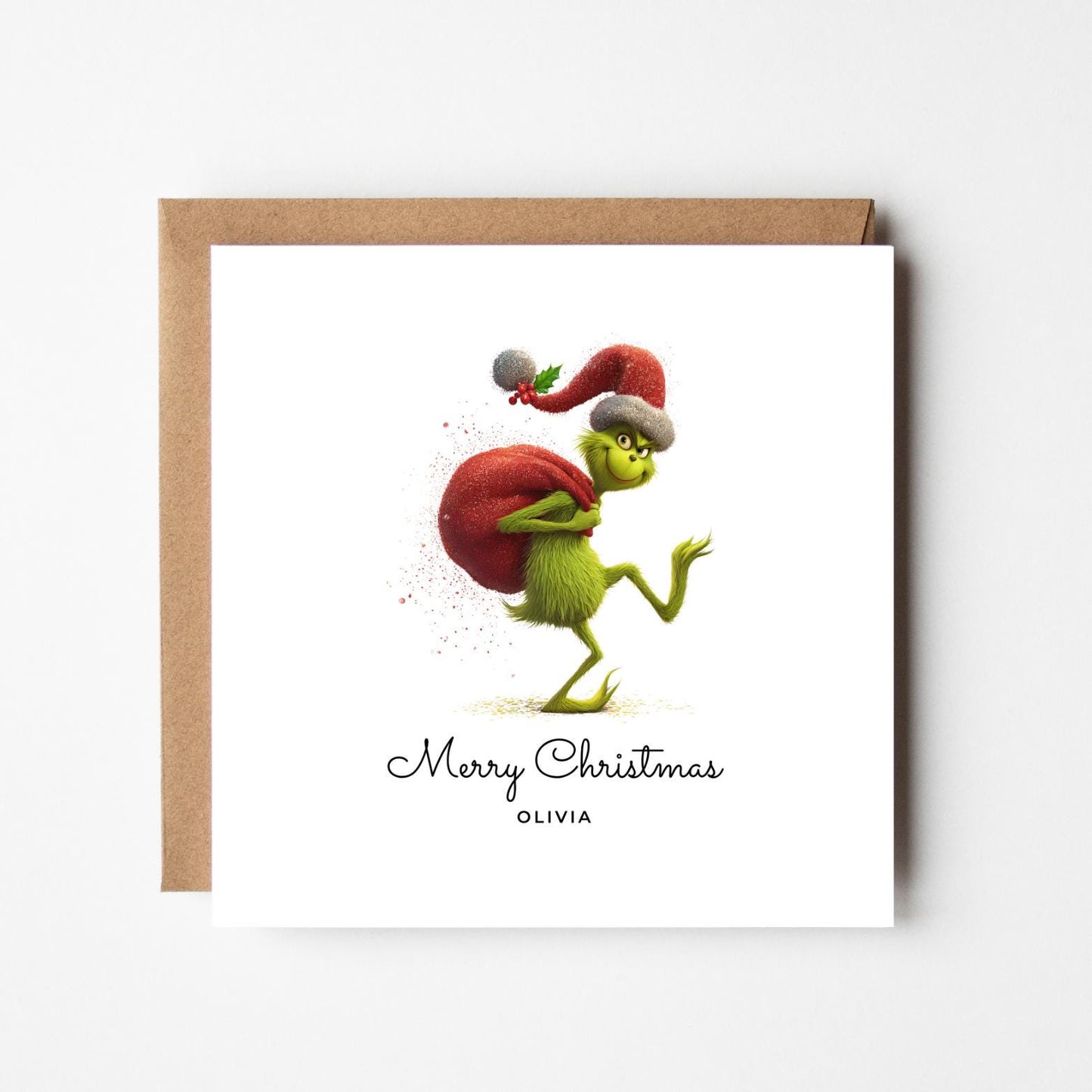 Personalised Grinch Christmas Card – Funny Sneaky Grinch with Sack – Custom Name Xmas Card – Humorous Holiday Greeting