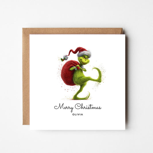 Personalised Grinch Christmas Card – Funny Grinch with Sack – Custom Name Xmas Card – Cheeky Holiday Greeting Card