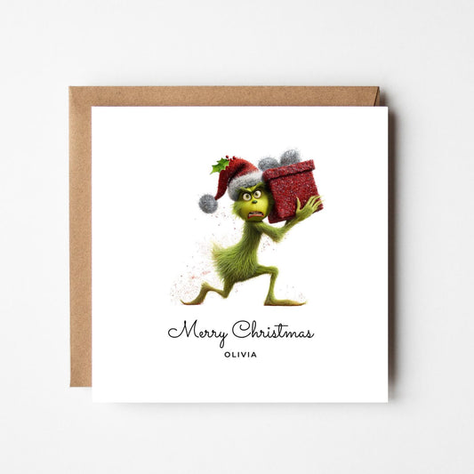 Personalised Grinch Christmas Card – Funny Grinch Stealing Present – Custom Name Xmas Card – Humorous Holiday Greeting