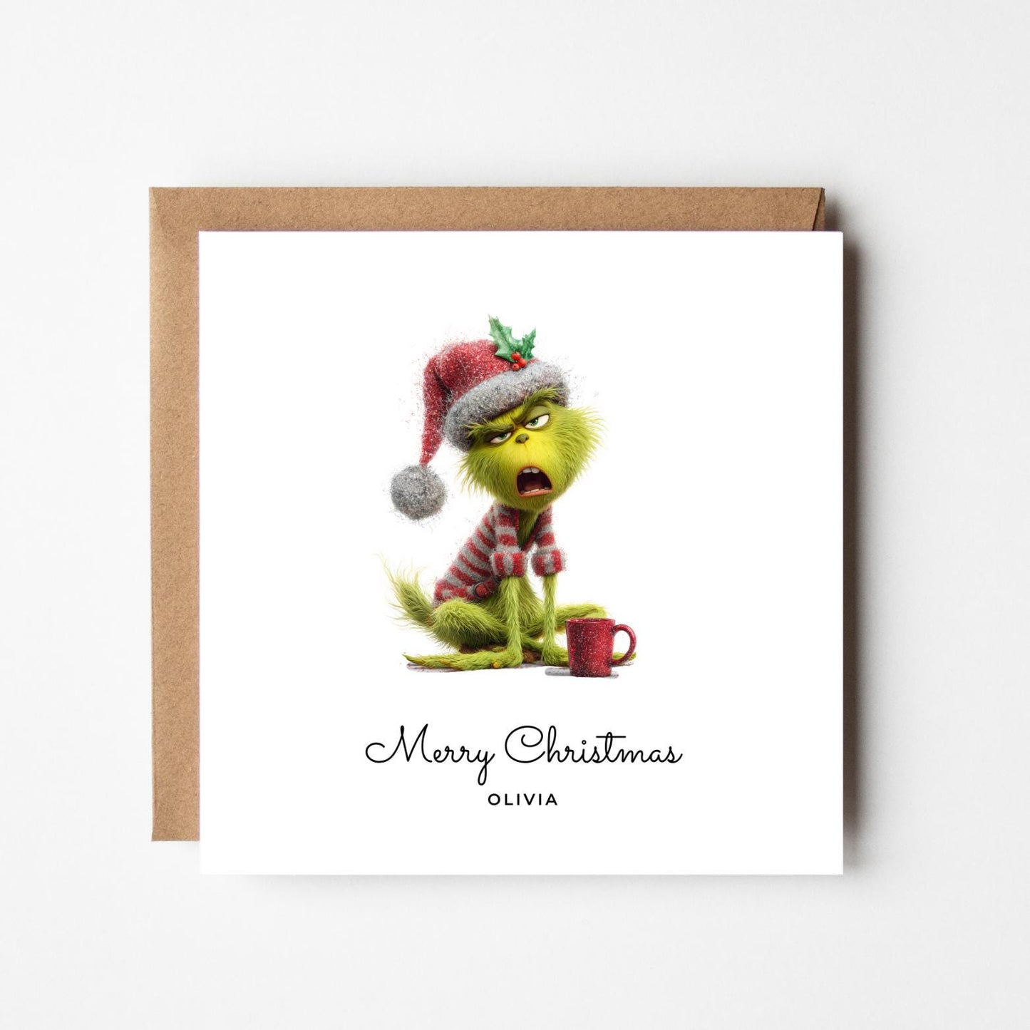 Personalised Grinch Christmas Card – Funny Tired Grinch with Coffee – Custom Name Xmas Card – Humorous Holiday Greeting