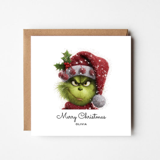 Personalised Grinch Christmas Card – Angry Glitter Hat Grinch – Custom Name Xmas Card – Funny Holiday Greeting