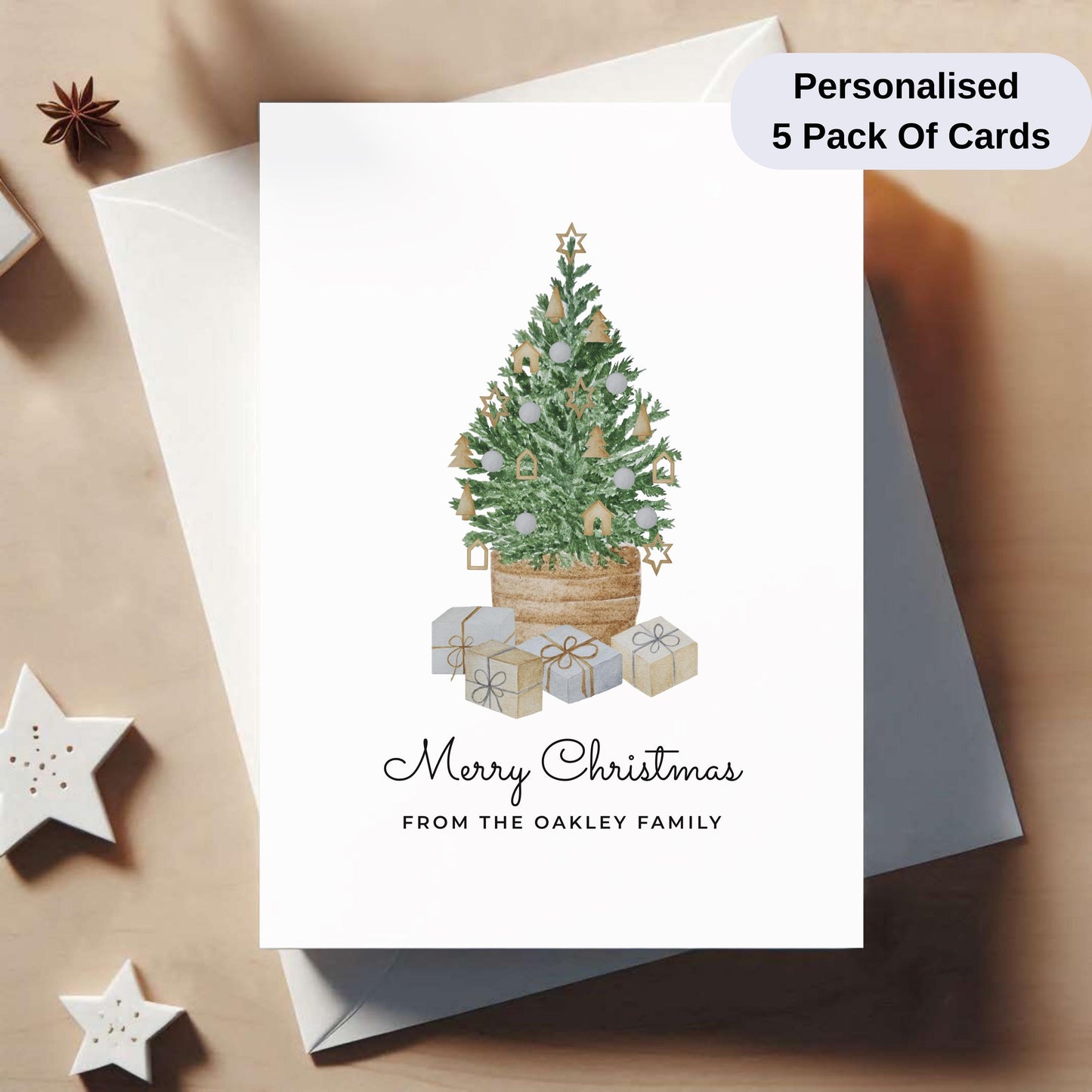 Pack Of 5 Personalised Christmas Cards – Elegant Watercolour Holiday Cards with Envelopes