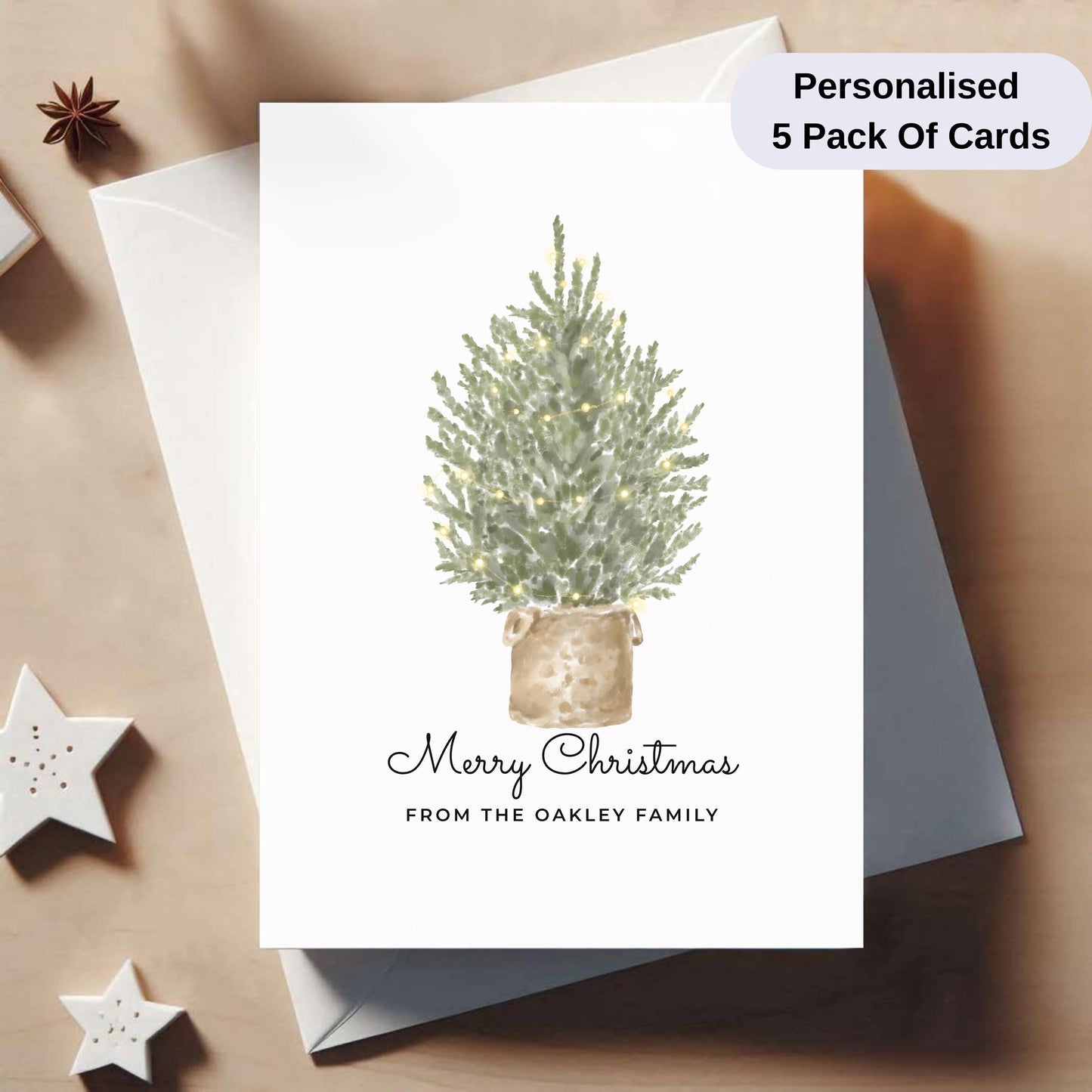 Pack Of 5 Personalised Christmas Cards – Elegant Watercolour Holiday Cards with Envelopes