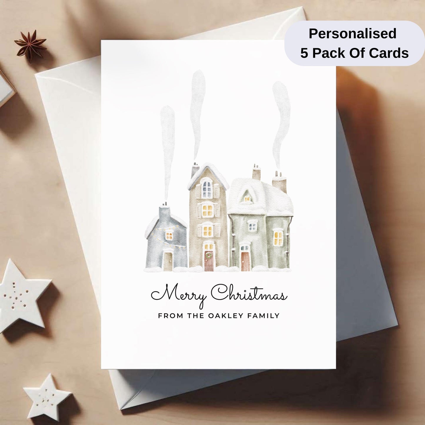 Pack Of 5 Personalised Christmas Cards – Elegant Watercolour Holiday Cards with Envelopes