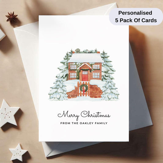 Pack Of 5 Personalised Christmas Cards – Elegant Watercolour Holiday Cards with Envelopes