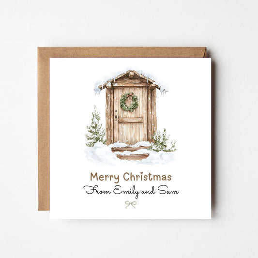 Personalised Rustic Cabin Christmas Card: Farmhouse Holiday Greeting