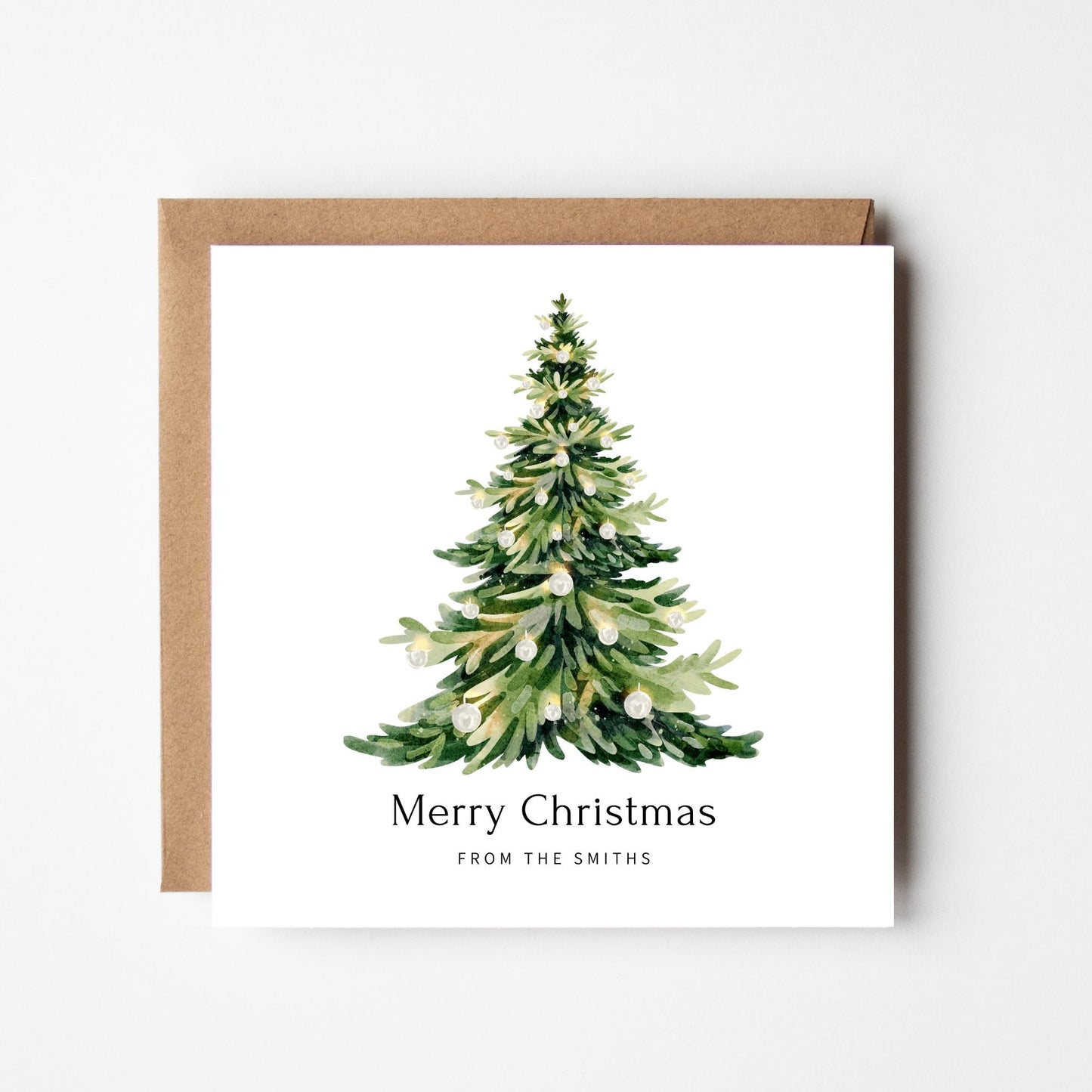 Personalised Christmas Card | Elegant Watercolour Christmas Tree | Custom Family Name Holiday Greeting |