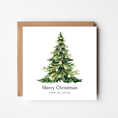 Personalised Christmas Card | Elegant Watercolour Christmas Tree | Custom Family Name Holiday Greeting |