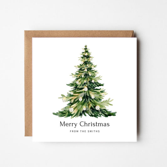 Personalised Christmas Card | Elegant Watercolour Christmas Tree | Custom Family Name Holiday Greeting |