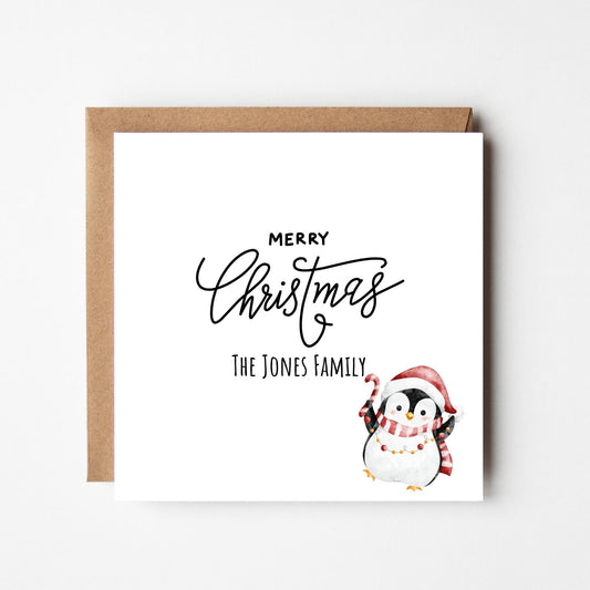 Personalised Penguin Christmas Card: Custom Family Name Holiday Greeting