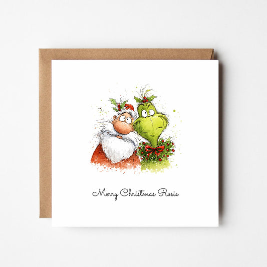 Personalised Grinch and Santa Christmas Card: 5x7 Festive Holiday Card