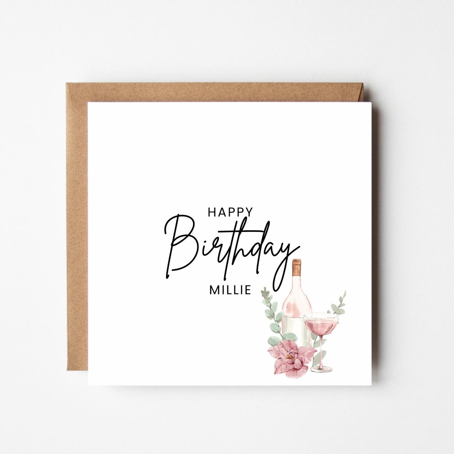 Personalised Wine & Flowers Birthday Card: Elegant Custom Greeting
