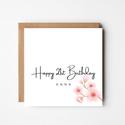 Personalised 21st Birthday Card: Elegant Pink Floral Design
