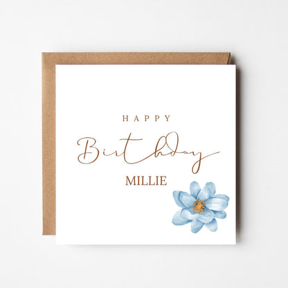 Personalised Birthday Card: Minimalist Blue Flower Design