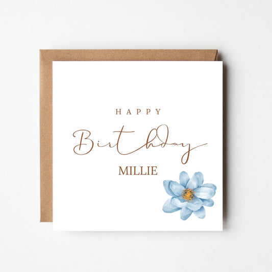 Personalised Birthday Card: Minimalist Blue Flower Design