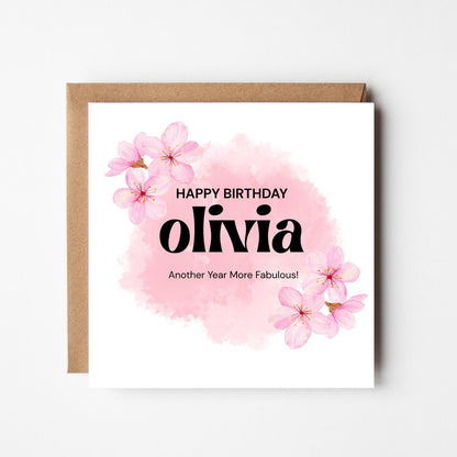 Personalised Pink Floral Birthday Card: Elegant Watercolour Design