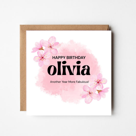 Personalised Pink Floral Birthday Card: Elegant Watercolour Design