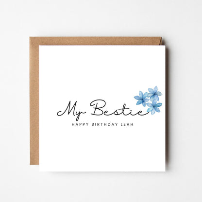 Personalised Bestie Birthday Card – Custom Name Birthday Card with Blue Flowers, Best Friend Greeting Card, Minimalist Design