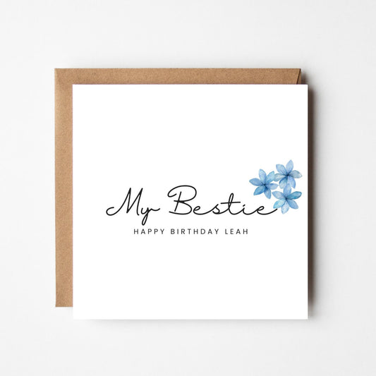 Personalised Bestie Birthday Card – Custom Name Birthday Card with Blue Flowers, Best Friend Greeting Card, Minimalist Design
