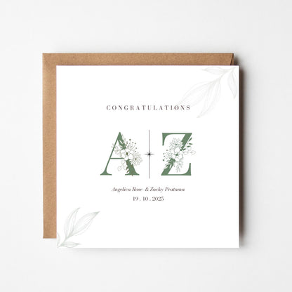 Personalised Floral Wedding Congratulations Card: Elegant Custom Initials