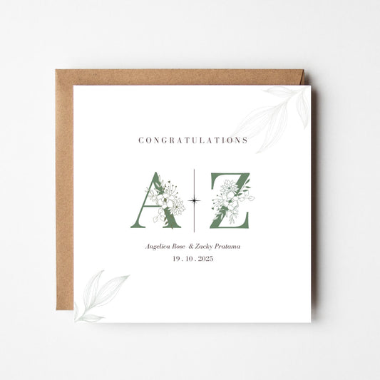 Personalised Floral Wedding Congratulations Card: Elegant Custom Initials