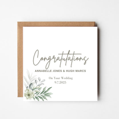 Personalised Wedding Congratulations Card: Elegant Greenery, Custom Names & Date