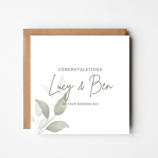 Personalised Wedding Congratulations Card: Elegant Greenery Design