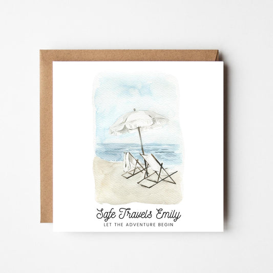 Personalised Bon Voyage Card: Beach Scene Travel Gift