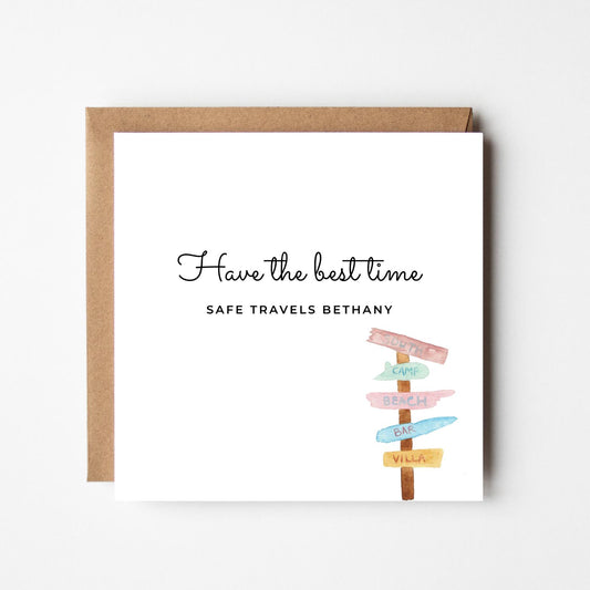 Personalised Bon Voyage Card – Safe Travels Card with Holiday Signpost, Adventure & Farewell Gift