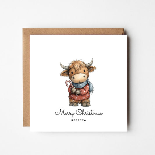 Personalised Highland Cow Christmas Card: Rustic Farm Animal Holiday Greeting