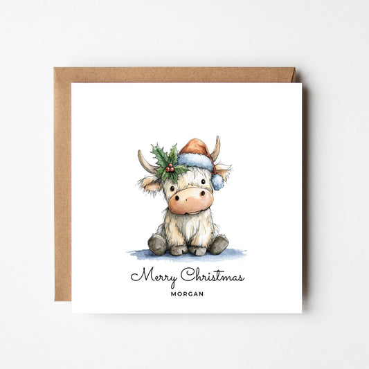 Personalised Highland Cow Christmas Card: Rustic Santa Hat Holiday Card