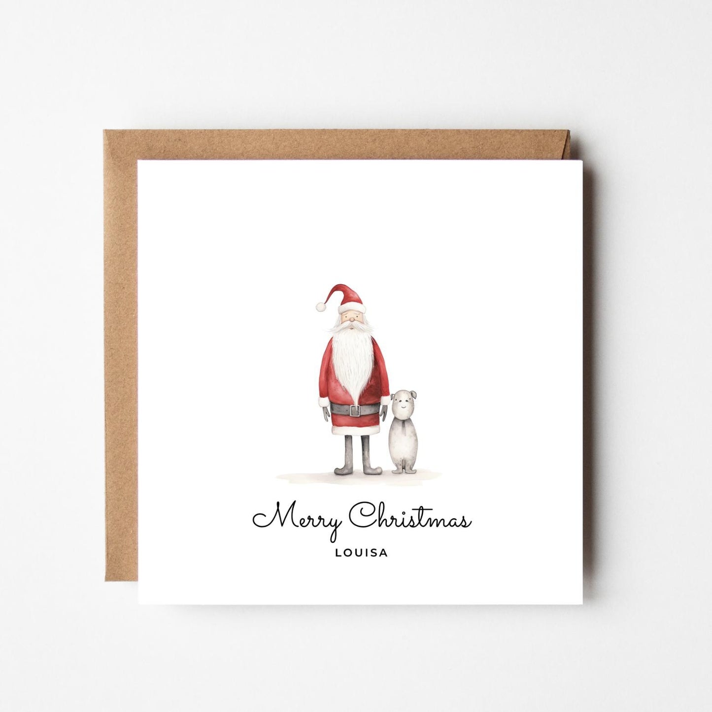 Personalised Santa Christmas Card – Cute Santa and Dog Illustration – Custom Name Holiday Greeting Card – Festive Merry Christmas Card