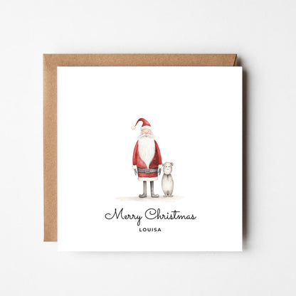 Personalised Santa Christmas Card – Cute Santa and Dog Illustration – Custom Name Holiday Greeting Card – Festive Merry Christmas Card