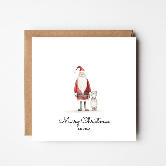 Personalised Santa Christmas Card – Cute Santa and Dog Illustration – Custom Name Holiday Greeting Card – Festive Merry Christmas Card