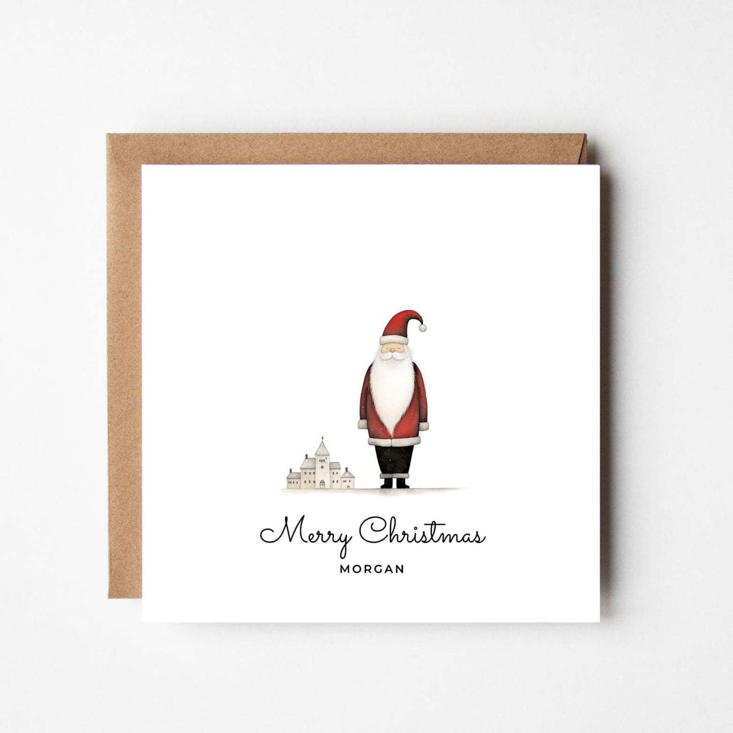 Personalised Santa Christmas Card: Rustic Winter Village Scene