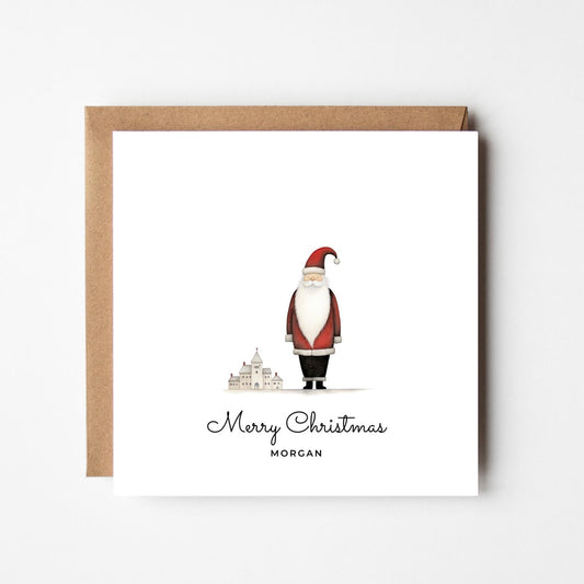 Personalised Santa Christmas Card: Rustic Winter Village Scene