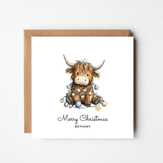 Personalised Highland Cow Christmas Card: Rustic Farm Animal Holiday