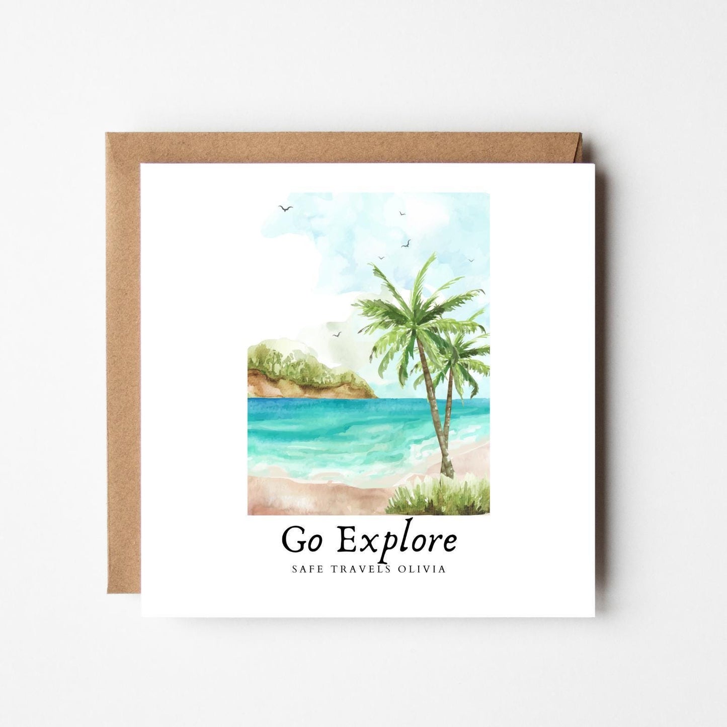 Personalised Bon Voyage Travel Card: Watercolor Beach Design