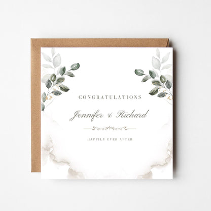 Personalised Wedding Congratulations Card: Watercolour Greenery, Elegant Handmade Design
