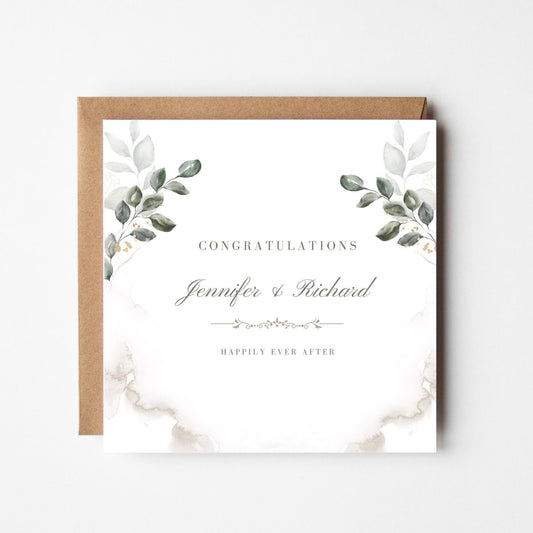 Personalised Wedding Congratulations Card: Watercolour Greenery, Elegant Handmade Design