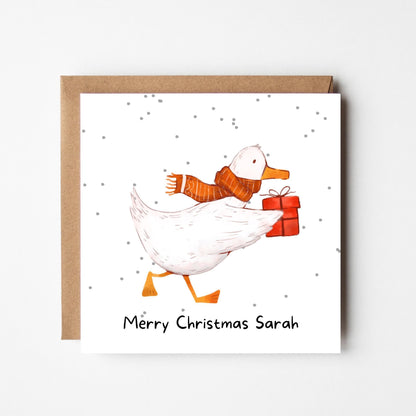 Personalised Duck Christmas Card – Cute Animal Xmas Greeting with Name, Custom Holiday Card, Funny Winter Gift Card with Envelope